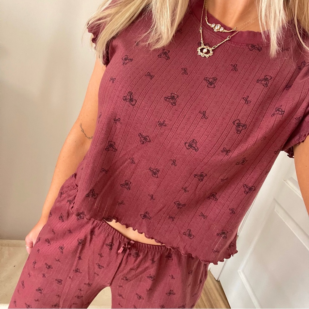 We Wore What Pointelle Teddy Bear Bow Print Pajamas Set in Maroon